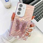 For Samsung Galaxy S24 FE 5G Plating Glitter Lens Film Texture Butterfly Holder Wristband Phone Case(Pink Water Ripples)