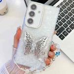 For Samsung Galaxy S24 FE 5G Plating Glitter Lens Film Texture Butterfly Holder Wristband Phone Case(White Shell Pattern)