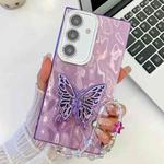 For Samsung Galaxy S24 FE 5G Plating Glitter Lens Film Texture Butterfly Holder Wristband Phone Case(Purple Wrinkles)