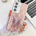 For Samsung Galaxy S24 FE 5G Plating Glitter Lens Film Texture Butterfly Holder Wristband Phone Case(Pink Tinfoil Texture)