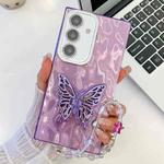For Samsung Galaxy A35 5G Plating Glitter Lens Film Texture Butterfly Holder Wristband Phone Case(Purple Wrinkles)
