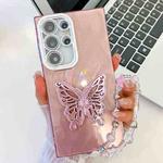 For Samsung Galaxy S24 Ultra 5G Plating Glitter Lens Film Texture Butterfly Holder Wristband Phone Case(Pink Feather Yarn)