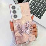 For Samsung Galaxy S24+ 5G Plating Glitter Lens Film Texture Butterfly Holder Wristband Phone Case(Pink Feathers)