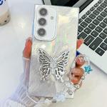 For Samsung Galaxy S24+ 5G Plating Glitter Lens Film Texture Butterfly Holder Wristband Phone Case(White Tinfoil Texture)