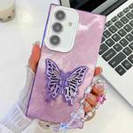 For Samsung Galaxy S24 5G Plating Glitter Lens Film Texture Butterfly Holder Wristband Phone Case(Purple Tinfoil Texture)