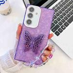 For Samsung Galaxy A25 5G Plating Glitter Lens Film Texture Butterfly Holder Wristband Phone Case(Purple Shell Pattern)