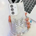 For Samsung Galaxy A54 5G Plating Glitter Lens Film Texture Butterfly Holder Wristband Phone Case(White Feather Yarn)