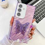 For Samsung Galaxy S25 5G Plating Glitter Lens Film Texture Butterfly Holder Wristband Phone Case(Purple Water Ripples)