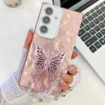 For Samsung Galaxy S25 5G Plating Glitter Lens Film Texture Butterfly Holder Wristband Phone Case(Pink Wrinkles)