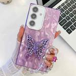 For Samsung Galaxy S25 5G Plating Glitter Lens Film Texture Butterfly Holder Wristband Phone Case(Purple Wrinkles)