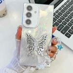 For Samsung Galaxy S25 5G Plating Glitter Lens Film Texture Butterfly Holder Wristband Phone Case(White Tinfoil Texture)