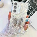 For Samsung Galaxy S25+ 5G Plating Glitter Lens Film Texture Butterfly Holder Wristband Phone Case(White Water Ripples)