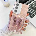 For Samsung Galaxy S25+ 5G Plating Glitter Lens Film Texture Butterfly Holder Wristband Phone Case(Pink Water Ripples)