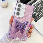 For Samsung Galaxy S25+ 5G Plating Glitter Lens Film Texture Butterfly Holder Wristband Phone Case(Purple Water Ripples)