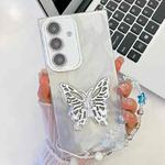 For Samsung Galaxy S25+ 5G Plating Glitter Lens Film Texture Butterfly Holder Wristband Phone Case(White Feather Yarn)