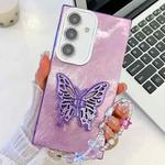 For Samsung Galaxy S25+ 5G Plating Glitter Lens Film Texture Butterfly Holder Wristband Phone Case(Purple Tinfoil Texture)