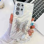 For Samsung Galaxy S25 Ultra 5G Plating Glitter Lens Film Texture Butterfly Holder Wristband Phone Case(White Water Ripples)