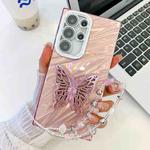 For Samsung Galaxy S25 Ultra 5G Plating Glitter Lens Film Texture Butterfly Holder Wristband Phone Case(Pink Water Ripples)