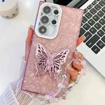 For Samsung Galaxy S25 Ultra 5G Plating Glitter Lens Film Texture Butterfly Holder Wristband Phone Case(Pink Shell Pattern)