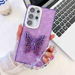 For Samsung Galaxy S25 Ultra 5G Plating Glitter Lens Film Texture Butterfly Holder Wristband Phone Case(Purple Shell Pattern)
