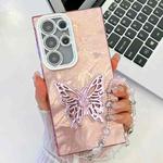 For Samsung Galaxy S25 Ultra 5G Plating Glitter Lens Film Texture Butterfly Holder Wristband Phone Case(Pink Feathers)
