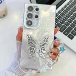 For Samsung Galaxy S25 Ultra 5G Plating Glitter Lens Film Texture Butterfly Holder Wristband Phone Case(White Tinfoil Texture)