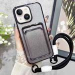 For iPhone 15 Plating Gradient Glitter TPU Phone Case with Card Slot & Strap(Black)