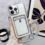 For iPhone 15 Pro Max Plating Clear TPU Phone Case with Card Slot & Strap(Silver)