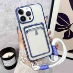 For iPhone 15 Pro Max Plating Clear TPU Phone Case with Card Slot & Strap(Blue)