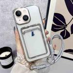 For iPhone 14 Plus Plating Clear TPU Phone Case with Card Slot & Strap(Silver)