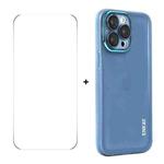 For iPhone 15 Pro Max ENKAY Hat-Prince Translucent Matte TPU Phone Case with Lens Film + 9H Big Arc Edge Film(Blue)