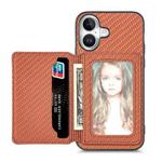 For iPhone 16 Plus Carbon Fiber Magnetic Card Wallet RFID Blocking Phone Case(Brown)