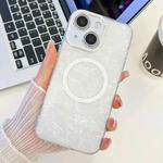 For iPhone 13 Plating Texture MagSafe TPU Phone Case with Glitter Lens Film(White Shell Pattern)