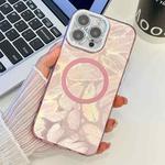 For iPhone 13 Pro Max Plating Texture MagSafe TPU Phone Case with Glitter Lens Film(Pink Feathers)