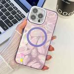 For iPhone 14 Pro Plating Texture MagSafe TPU Phone Case with Glitter Lens Film(Purple Feathers)