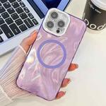 For iPhone 14 Pro Plating Texture MagSafe TPU Phone Case with Glitter Lens Film(Purple Feather Yarn)