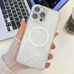 For iPhone 14 Pro Max Plating Texture MagSafe TPU Phone Case with Glitter Lens Film(White Shell Pattern)