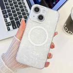 For iPhone 15 Plating Texture MagSafe TPU Phone Case with Glitter Lens Film(White Shell Pattern)