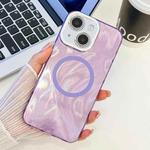 For iPhone 15 Plating Texture MagSafe TPU Phone Case with Glitter Lens Film(Purple Feather Yarn)