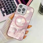 For iPhone 15 Plating Texture MagSafe TPU Phone Case with Glitter Lens Film(Pink Tinfoil Texture)