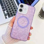 For iPhone 16 Plus Plating Texture MagSafe TPU Phone Case with Glitter Lens Film(Purple Shell Pattern)