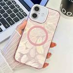 For iPhone 16 Plus Plating Texture MagSafe TPU Phone Case with Glitter Lens Film(Pink Feathers)