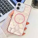 For iPhone 16 Plating Texture MagSafe TPU Phone Case with Glitter Lens Film(Pink Feathers)