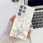 For Samsung Galaxy S23 Ultra 5G Plating Texture MagSafe TPU Phone Case with Glitter Lens Film(White Feathers)