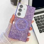 For Samsung Galaxy A25 5G Plating Texture MagSafe TPU Phone Case with Glitter Lens Film(Purple Shell Pattern)