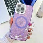 For iPhone 16 Pro Max Plating Texture Wristband MagSafe TPU Phone Case with Glitter Lens Film(Purple Shell Pattern)