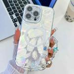 For iPhone 16 Pro Max Plating Texture Wristband MagSafe TPU Phone Case with Glitter Lens Film(White Feathers)