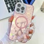 For iPhone 16 Pro Max Plating Texture Wristband MagSafe TPU Phone Case with Glitter Lens Film(Pink Feathers)