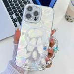 For iPhone 16 Pro Plating Texture Wristband MagSafe TPU Phone Case with Glitter Lens Film(White Feathers)