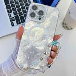 For iPhone 16 Pro Plating Texture Wristband MagSafe TPU Phone Case with Glitter Lens Film(White Tinfoil Texture)